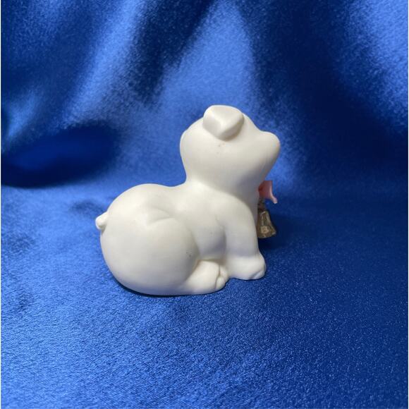 Small Bisque Porcelain Cute White Pig with Bell Collar - Picture 4 of 8